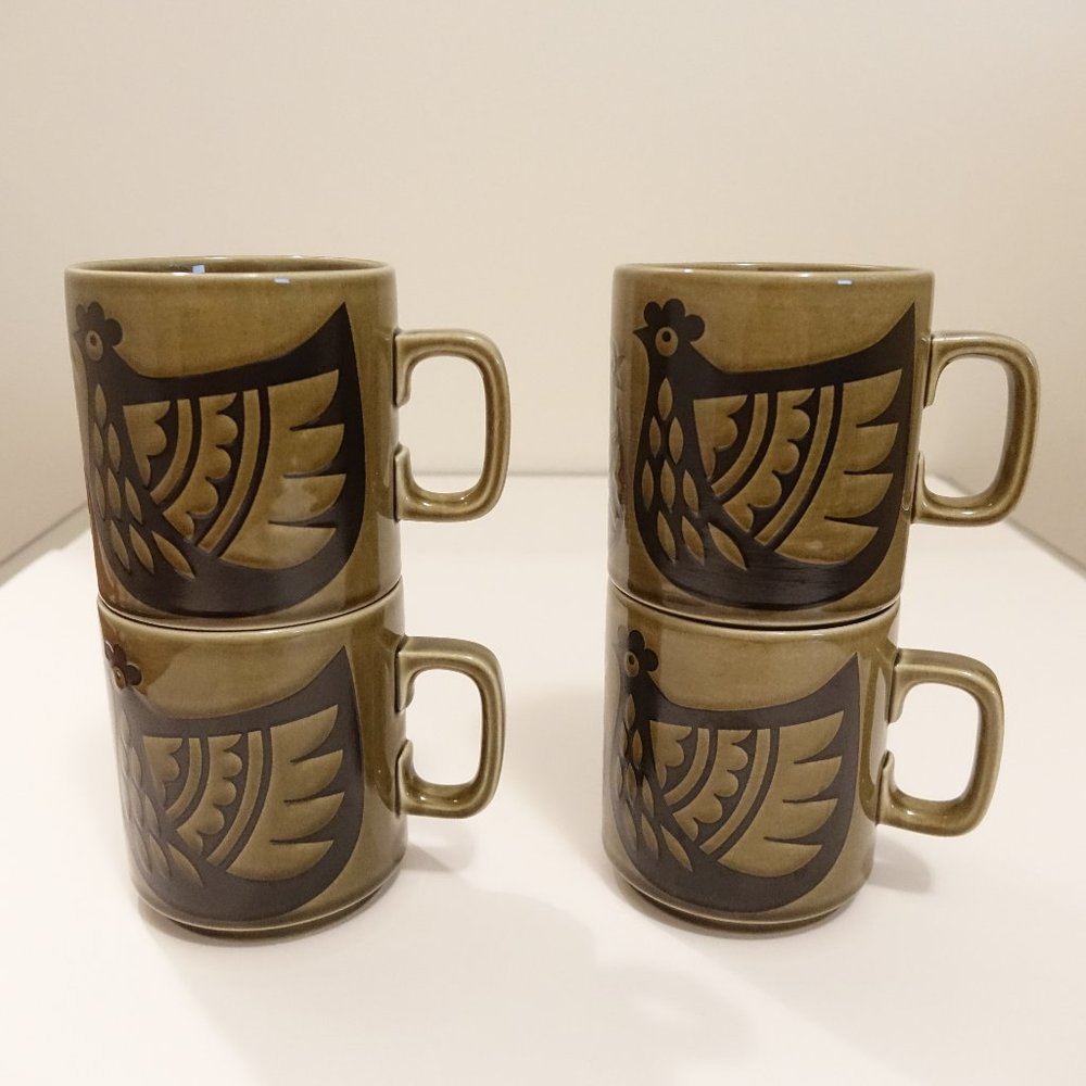 4 Rare Vintage Hornsea England MCM Rooster Chicken Olive Green Mugs 1974 - SOLD - Picture 1 of 6